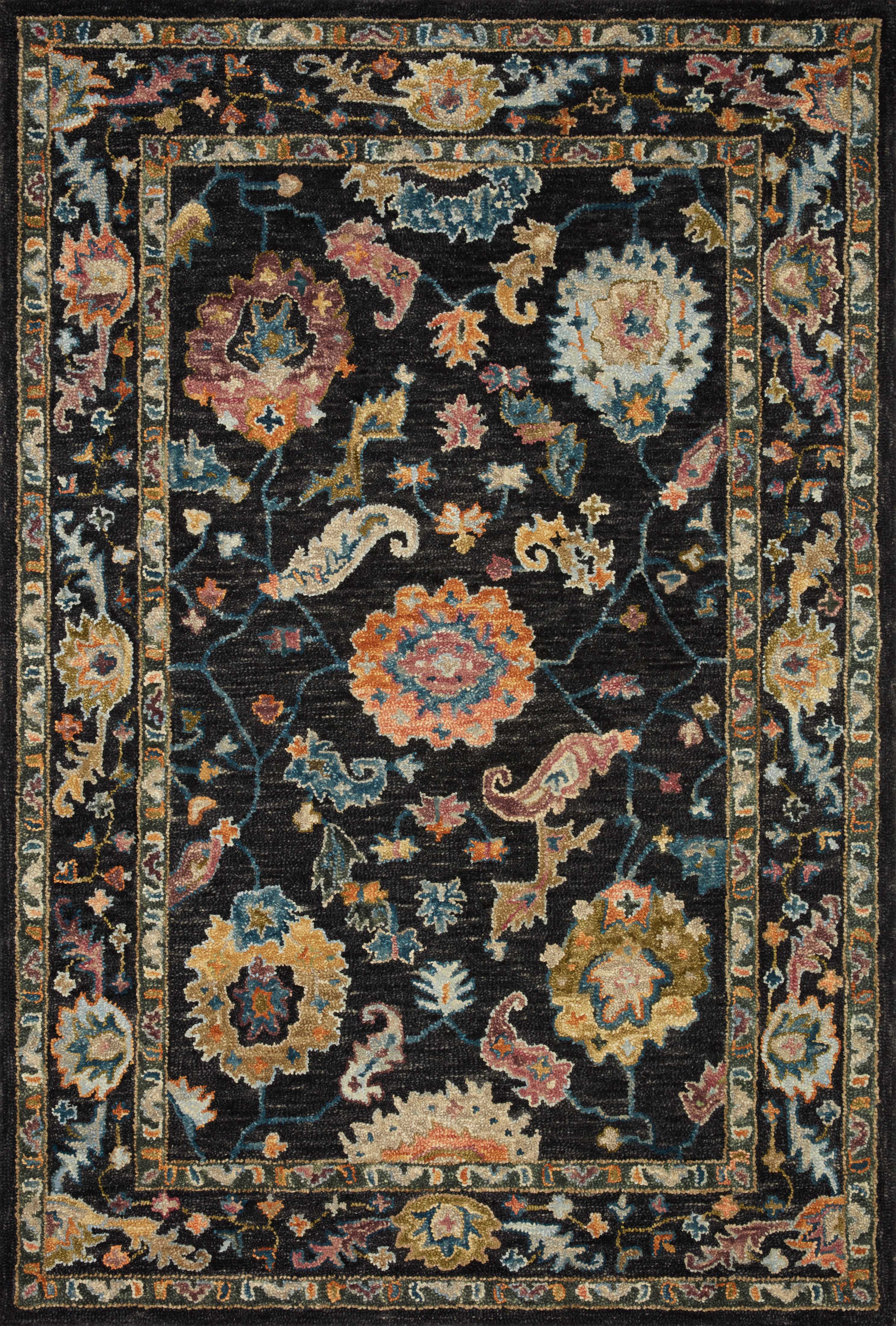 Padma PMA-01 Black/Multi Area Rug, hand-hooked wool, vibrant colors, asymmetrical modern design