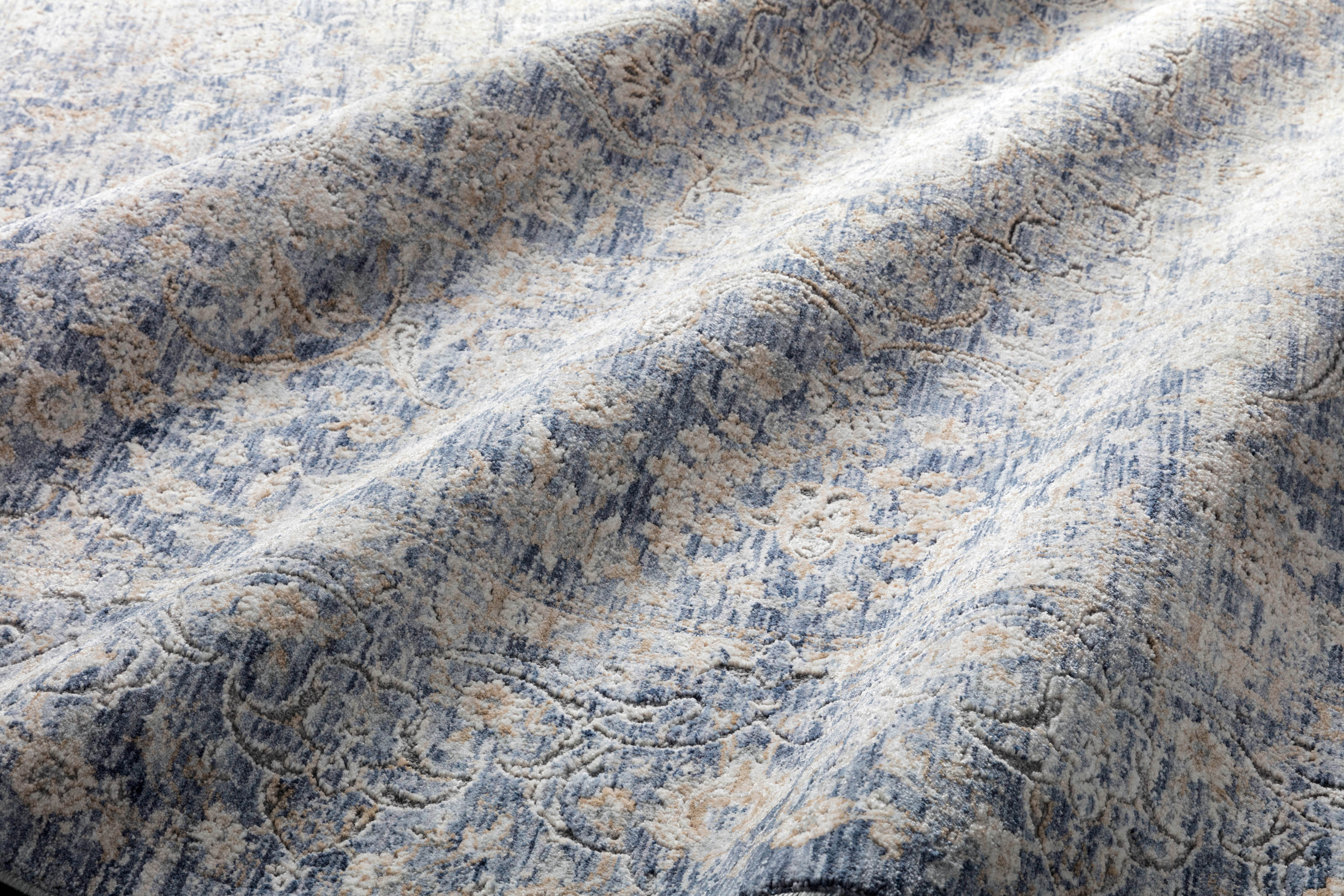 Pandora PAN-01 Blue/Gold Area Rug, power-loomed polyester, high-low textured pile, modern motifs