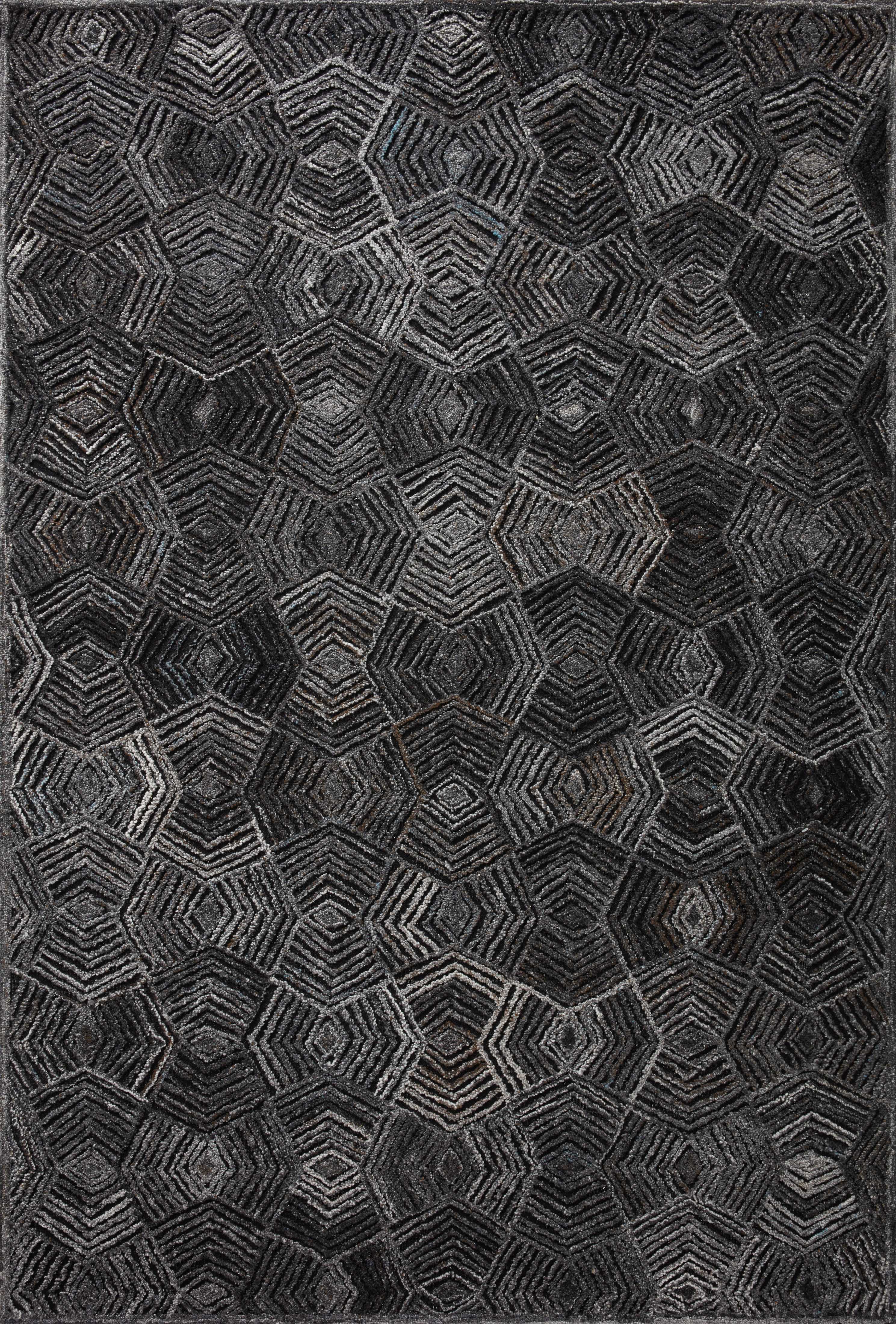 Modern geometric Prescott PRE-01 Charcoal Area Rug, high-low pile, handwoven in India, sustainable and GoodWeave certified
