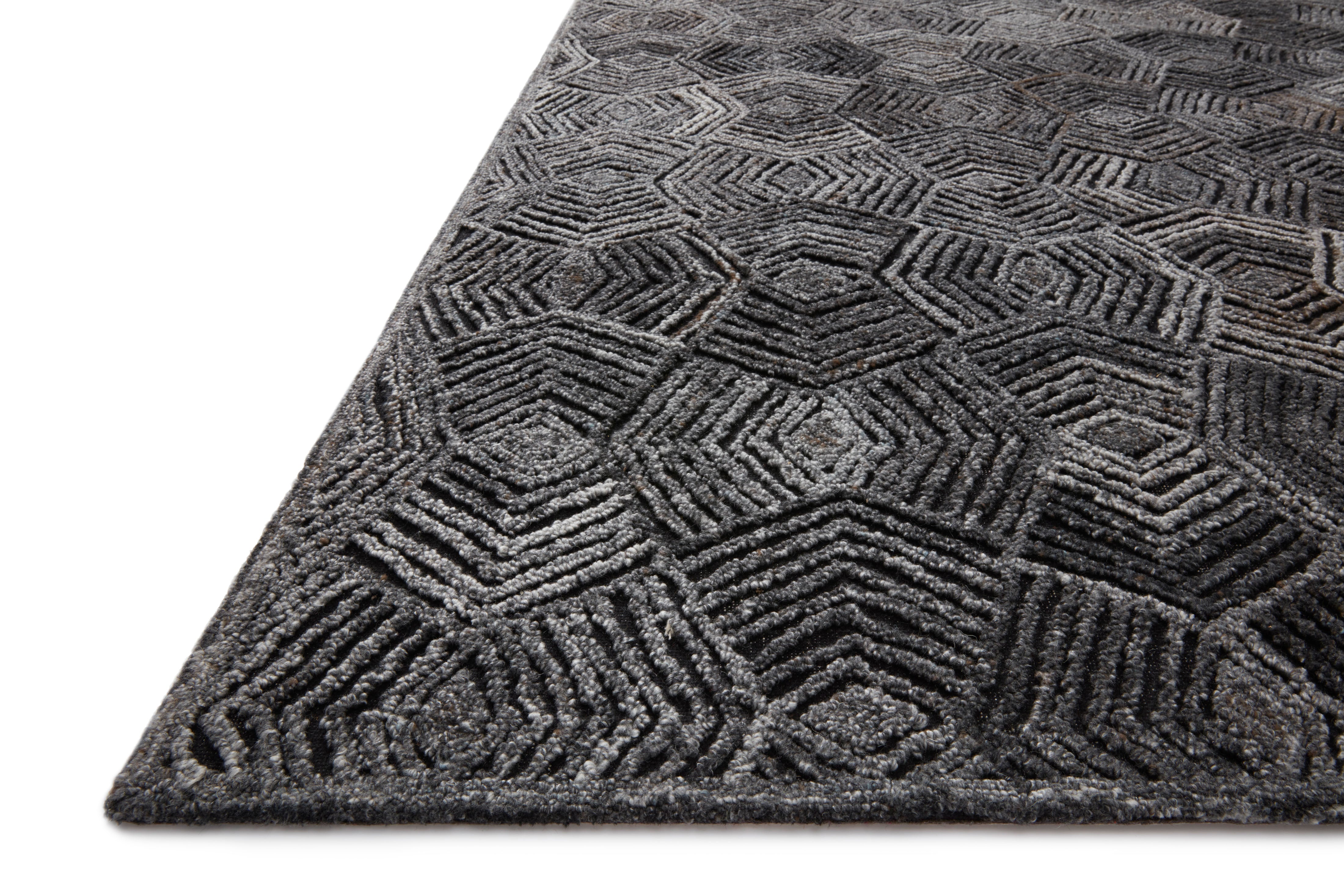 Modern geometric Prescott PRE-01 Charcoal Area Rug, high-low pile, handwoven in India, sustainable and GoodWeave certified