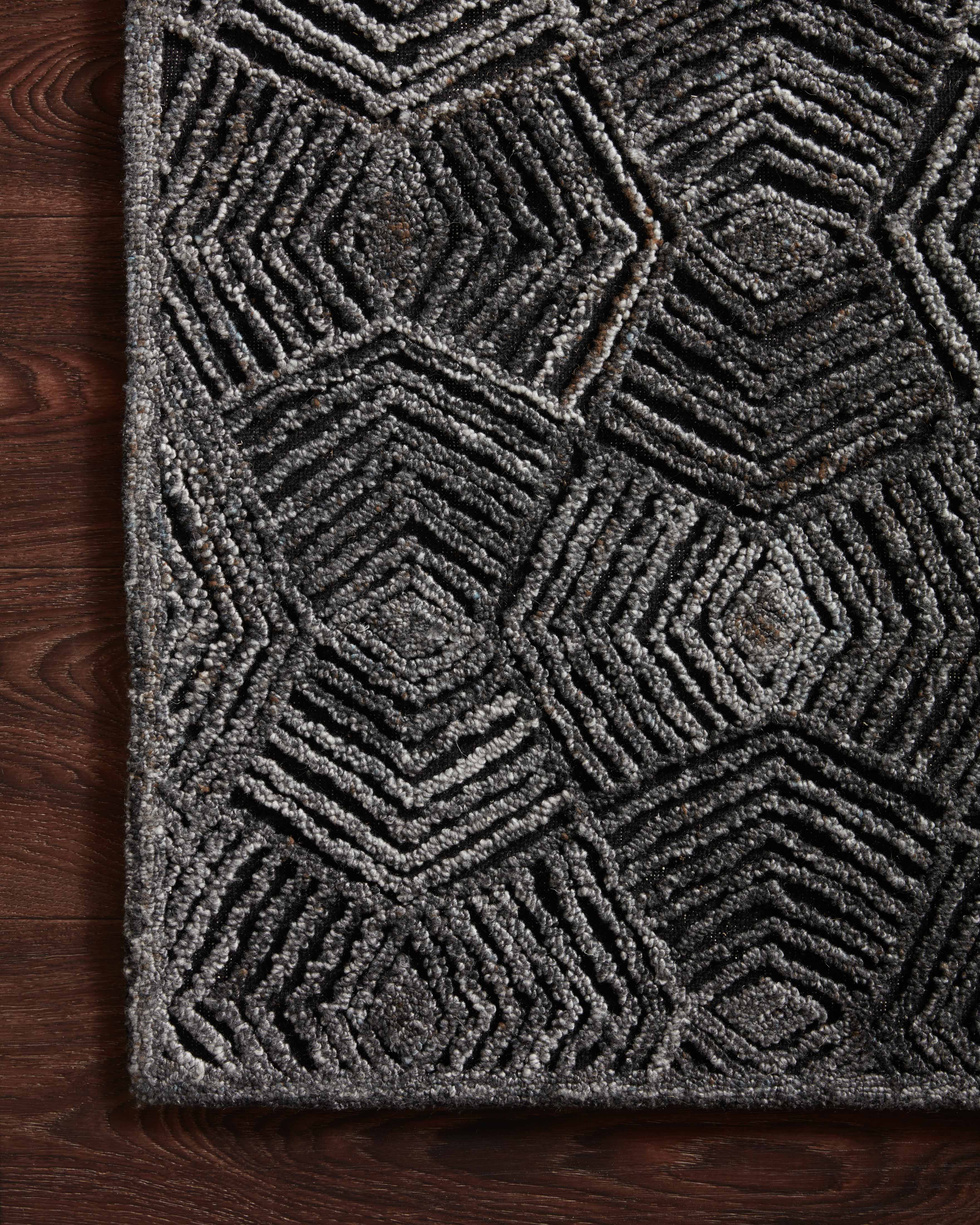 Modern geometric Prescott PRE-01 Charcoal Area Rug, high-low pile, handwoven in India, sustainable and GoodWeave certified