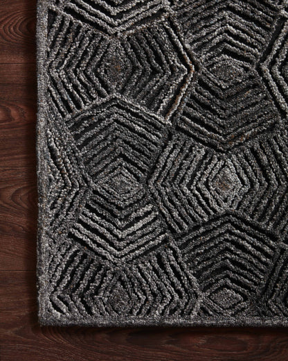 Modern geometric Prescott PRE-01 Charcoal Area Rug, high-low pile, handwoven in India, sustainable and GoodWeave certified
