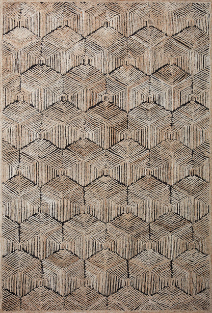 Contemporary Prescott PRE-02 Beige Area Rug, tone-on-tone geometric pattern, textured high-low pile, ethically made in India