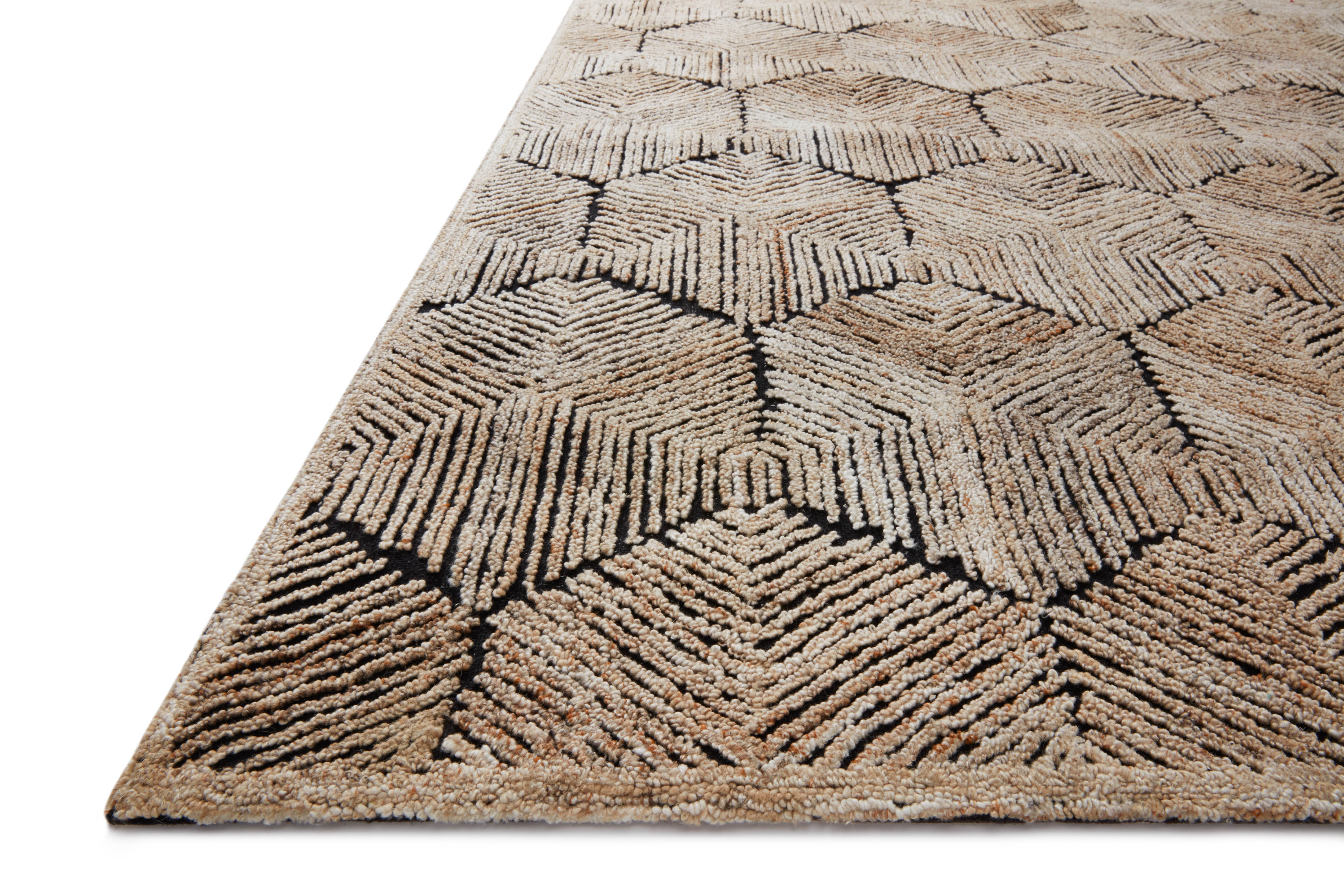 Contemporary Prescott PRE-02 Beige Area Rug, tone-on-tone geometric pattern, textured high-low pile, ethically made in India