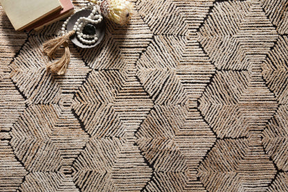 Contemporary Prescott PRE-02 Beige Area Rug, tone-on-tone geometric pattern, textured high-low pile, ethically made in India