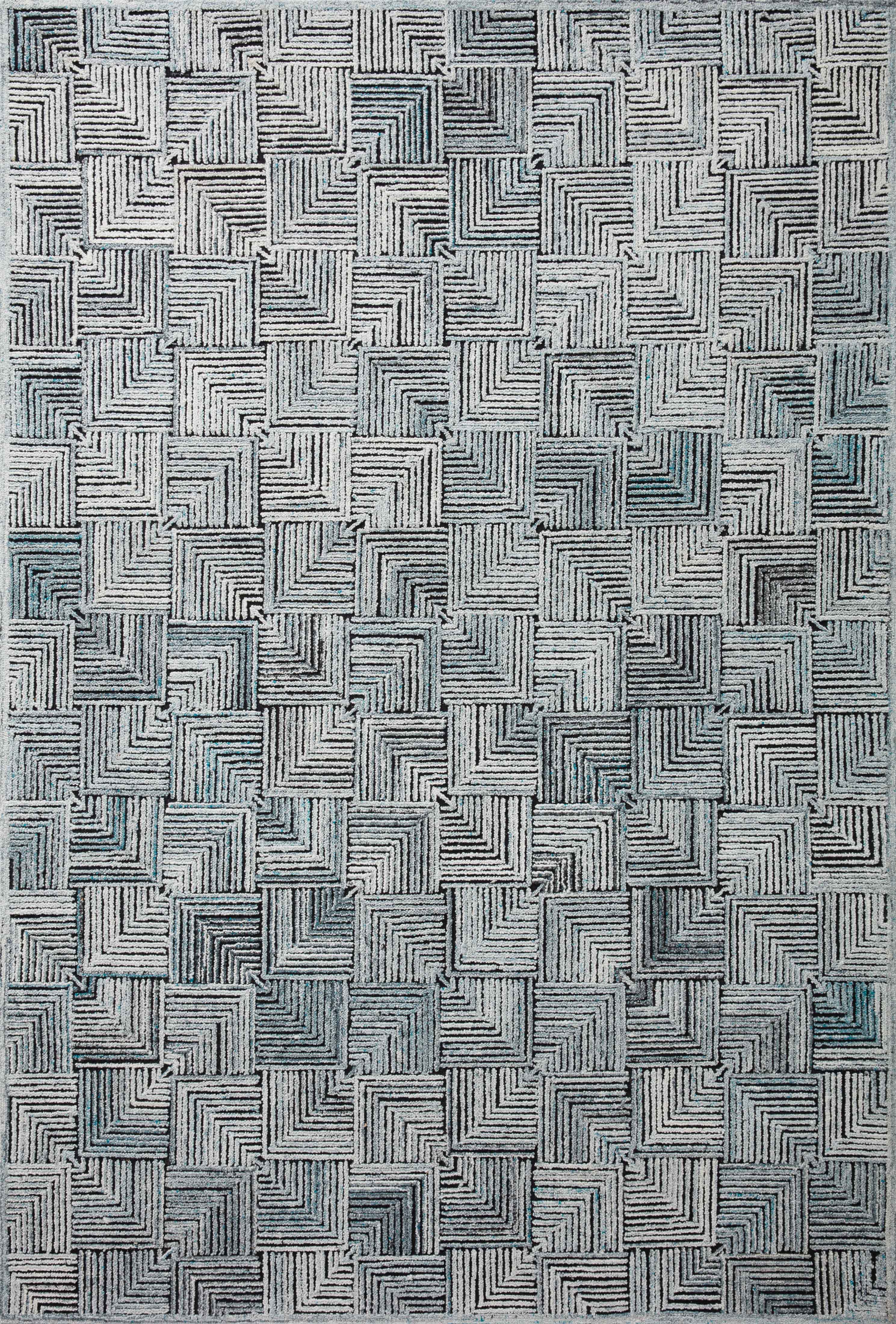 Prescott PRE-03 Arctic Blue Area Rug, cool geometric patterns, high-low texture, ethically made in India, GoodWeave certified