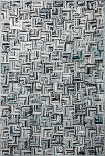 Prescott PRE-03 Arctic Blue Area Rug, cool geometric patterns, high-low texture, ethically made in India, GoodWeave certified
