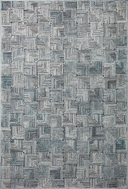 Prescott PRE-03 Arctic Blue Area Rug, cool geometric patterns, high-low texture, ethically made in India, GoodWeave certified