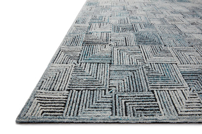 Prescott PRE-03 Arctic Blue Area Rug, cool geometric patterns, high-low texture, ethically made in India, GoodWeave certified