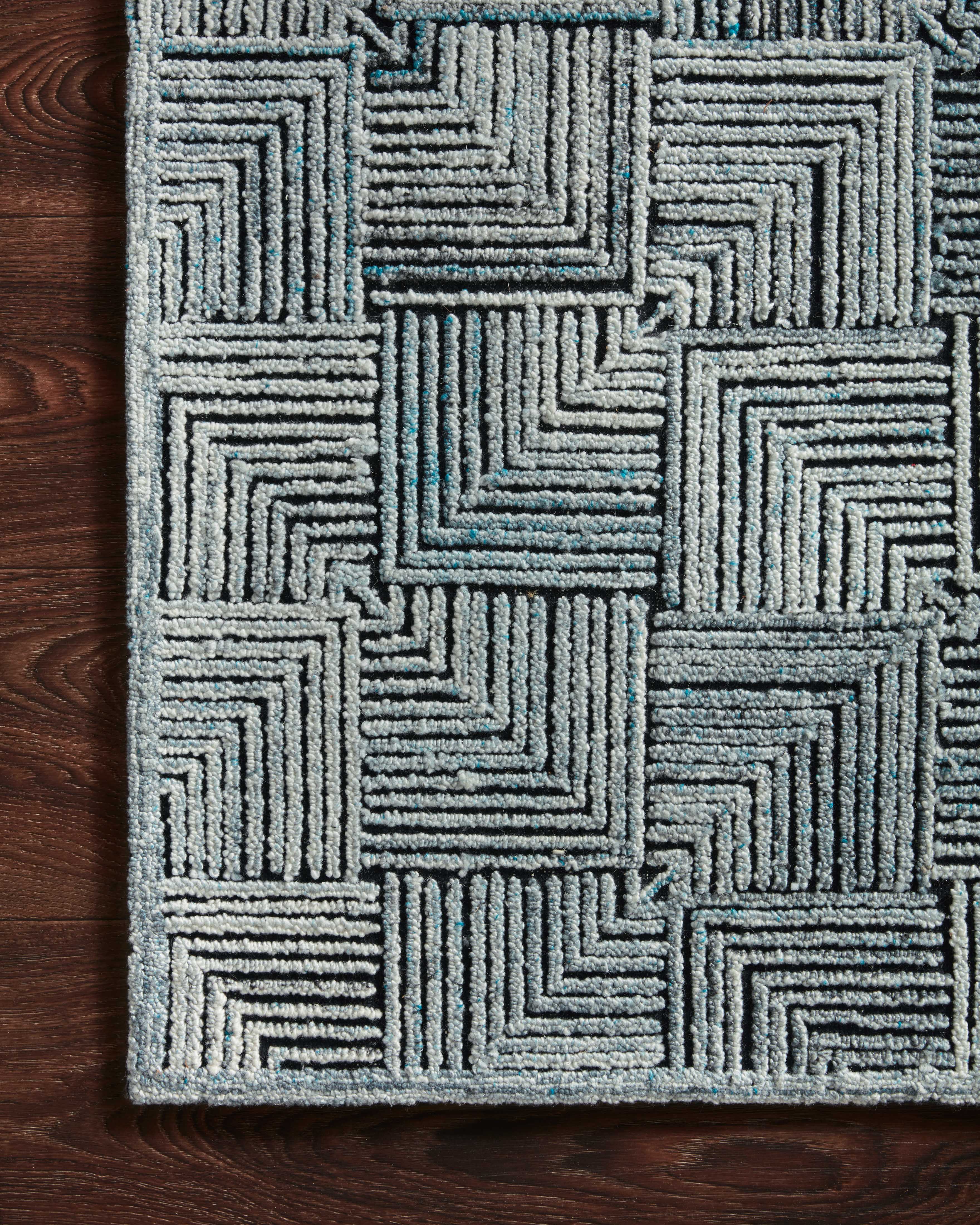 Prescott PRE-03 Arctic Blue Area Rug, cool geometric patterns, high-low texture, ethically made in India, GoodWeave certified