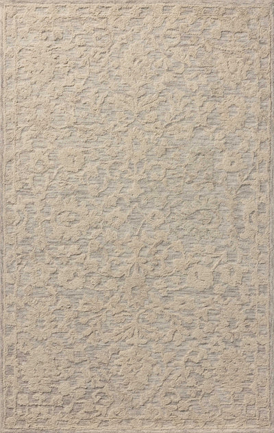 A hand-tufted wool and cotton area rug with floral flair in soft misty and refined ivory tones, the Prudence PRU-01 Mist / Ivory Area Rug anchors any room