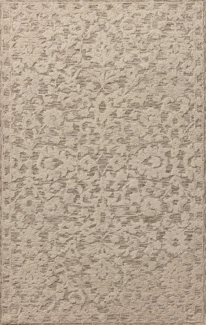 Crafted as a hand-tufted wool and cotton area rug, the Prudence PRU-01 Stone / Ivory Area Rug brings grounding stone and refined ivory warmth and floral character to your space