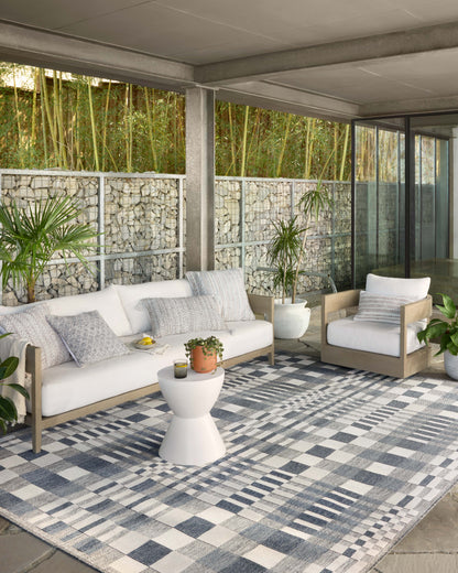  Rainier RAI-04 Ivory and denim blue area rug, contemporary pattern, power-loomed, weather-resistant for indoor outdoor use