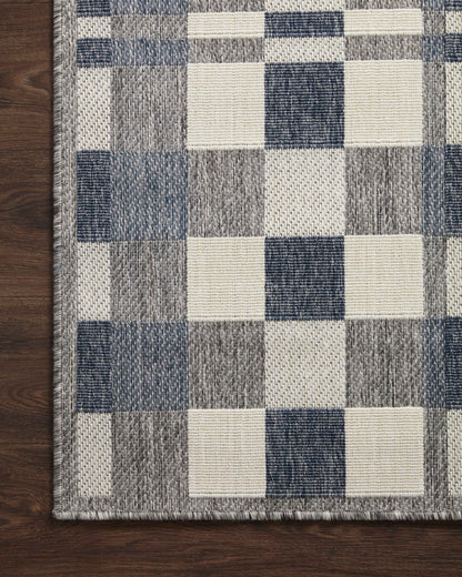  Rainier RAI-04 Ivory and denim blue area rug, contemporary pattern, power-loomed, weather-resistant for indoor outdoor use