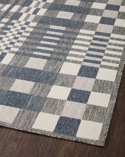  Rainier RAI-04 Ivory and denim blue area rug, contemporary pattern, power-loomed, weather-resistant for indoor outdoor use