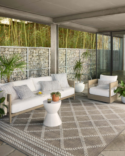  Rainier RAI-05 Natural and ivory modern indoor outdoor area rug, calming colors, weather-resistant polypropylene.