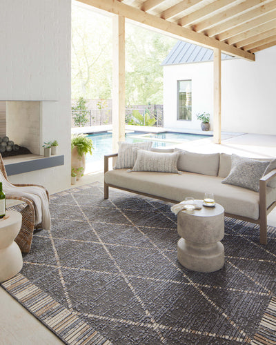  Rainier RAI-09 Slate and multi-color vibrant indoor outdoor area rug, contemporary pattern, weather-resistant polypropylene.
