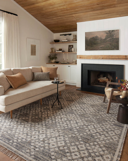 Rivers RIV-01 Area Rug featuring a reversible flatweave design with symmetrical motifs in denim and ivory tones, creating a watercolor effect for modern, neutral spaces.