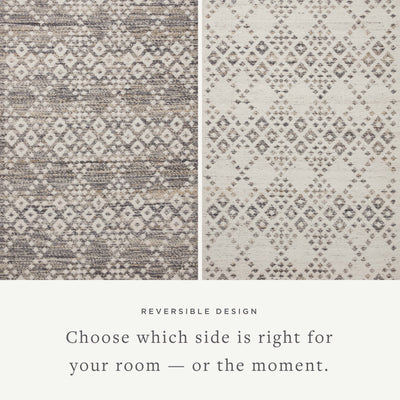 Rivers RIV-01 Area Rug featuring a reversible flatweave design with symmetrical motifs in denim and ivory tones, creating a watercolor effect for modern, neutral spaces.
