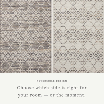 Rivers RIV-01 Area Rug featuring a reversible flatweave design with symmetrical motifs in denim and ivory tones, creating a watercolor effect for modern, neutral spaces.
