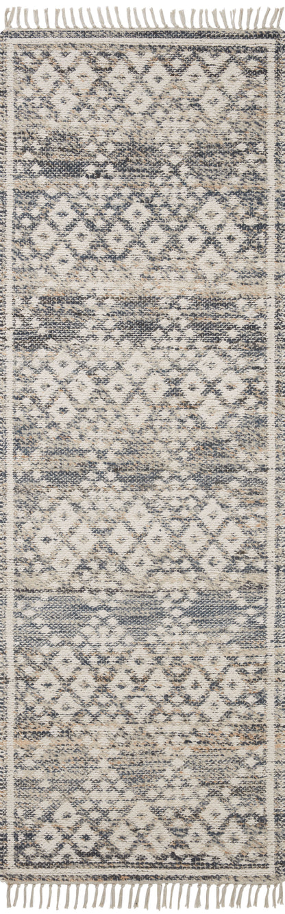 Rivers RIV-01 Area Rug featuring a reversible flatweave design with symmetrical motifs in denim and ivory tones, creating a watercolor effect for modern, neutral spaces.