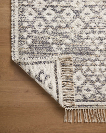Rivers RIV-01 Area Rug featuring a reversible flatweave design with symmetrical motifs in denim and ivory tones, creating a watercolor effect for modern, neutral spaces.
