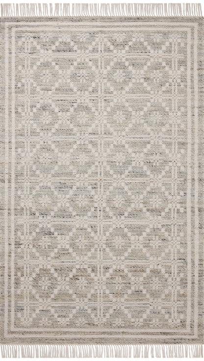 Rivers RIV-02 Area Rug with a reversible flatweave construction, symmetrical motifs, and lagoon and ivory hues for a fresh, natural look in contemporary interiors.