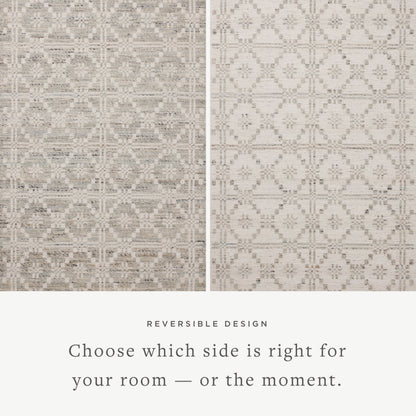 Rivers RIV-02 Area Rug with a reversible flatweave construction, symmetrical motifs, and lagoon and ivory hues for a fresh, natural look in contemporary interiors.