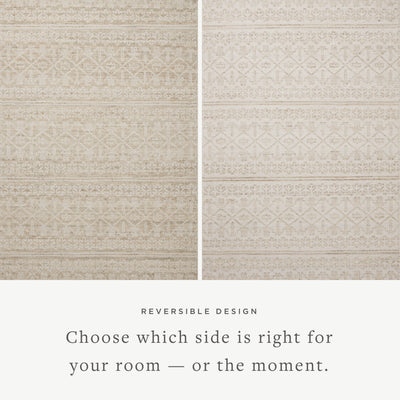 Rivers RIV-03 Area Rug, a contemporary flatweave rug with reversible design, symmetrical motifs, and sand and ivory colors for a soft watercolor effect in neutral palettes.