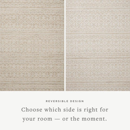 Rivers RIV-03 Area Rug, a contemporary flatweave rug with reversible design, symmetrical motifs, and sand and ivory colors for a soft watercolor effect in neutral palettes.