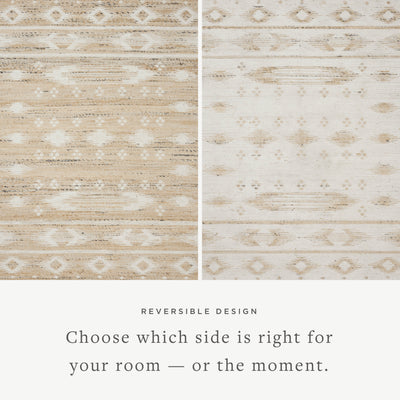 Rivers RIV-04 Area Rug by Angela Rose x Loloi, featuring a modern flatweave, reversible design, symmetrical motifs, and natural and ivory tones for a serene, neutral palette.