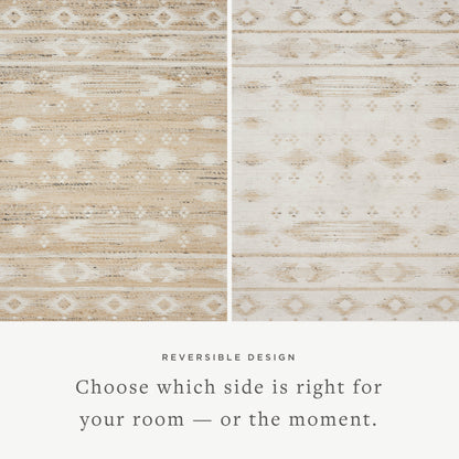 Rivers RIV-04 Area Rug by Angela Rose x Loloi, featuring a modern flatweave, reversible design, symmetrical motifs, and natural and ivory tones for a serene, neutral palette.