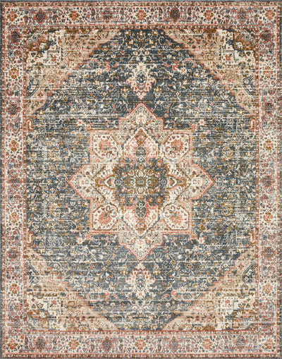 Saban SAB-01 blue and multicolor area rug with traditional motifs, Turkish power-loomed polyester, stain-resistant and non-shedding