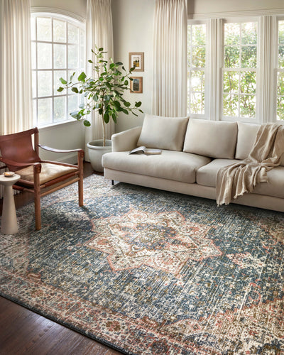 Saban SAB-01 blue and multicolor area rug with traditional motifs, Turkish power-loomed polyester, stain-resistant and non-shedding