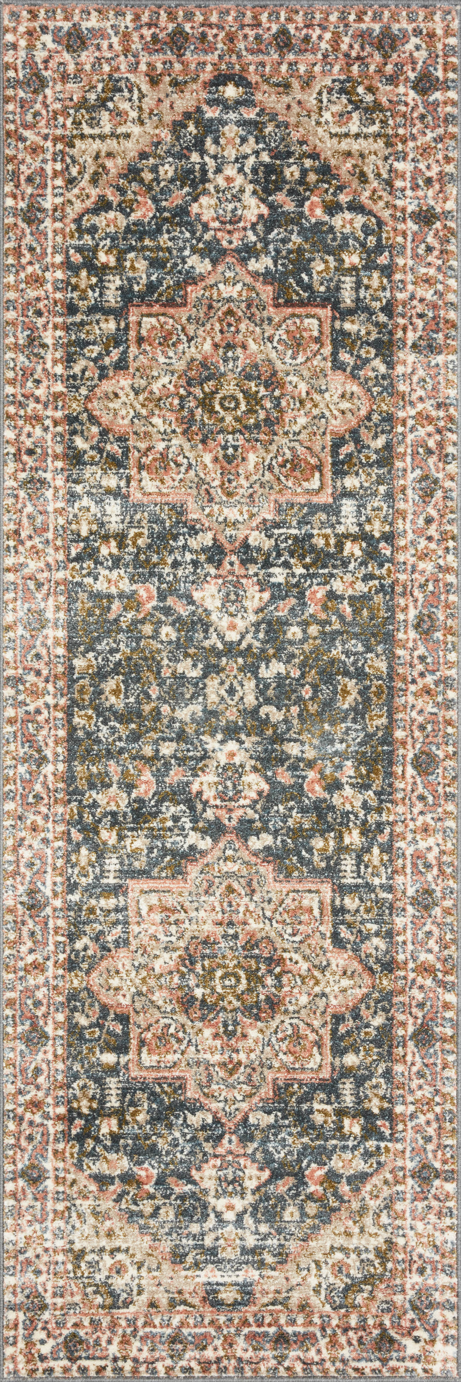 Saban SAB-01 blue and multicolor area rug with traditional motifs, Turkish power-loomed polyester, stain-resistant and non-shedding