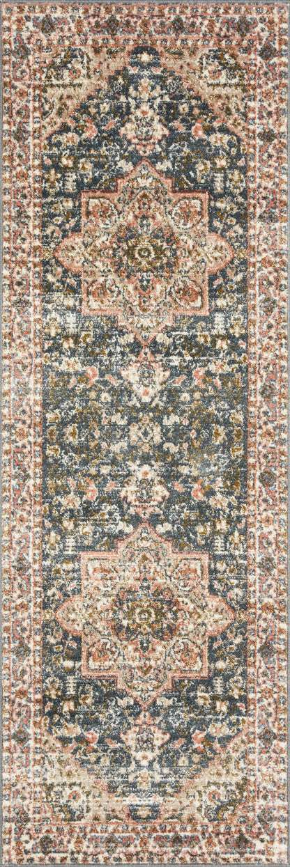 Saban SAB-01 blue and multicolor area rug with traditional motifs, Turkish power-loomed polyester, stain-resistant and non-shedding