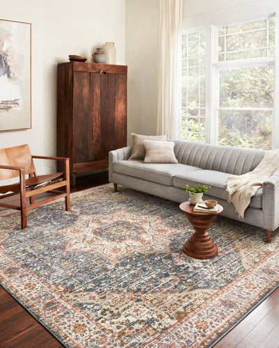 Saban SAB-01 blue and multicolor area rug with traditional motifs, Turkish power-loomed polyester, stain-resistant and non-shedding