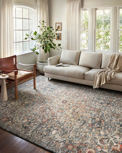 Saban SAB-02 blue and spice area rug featuring classic design, Turkish power-loomed polyester, durable and non-shedding