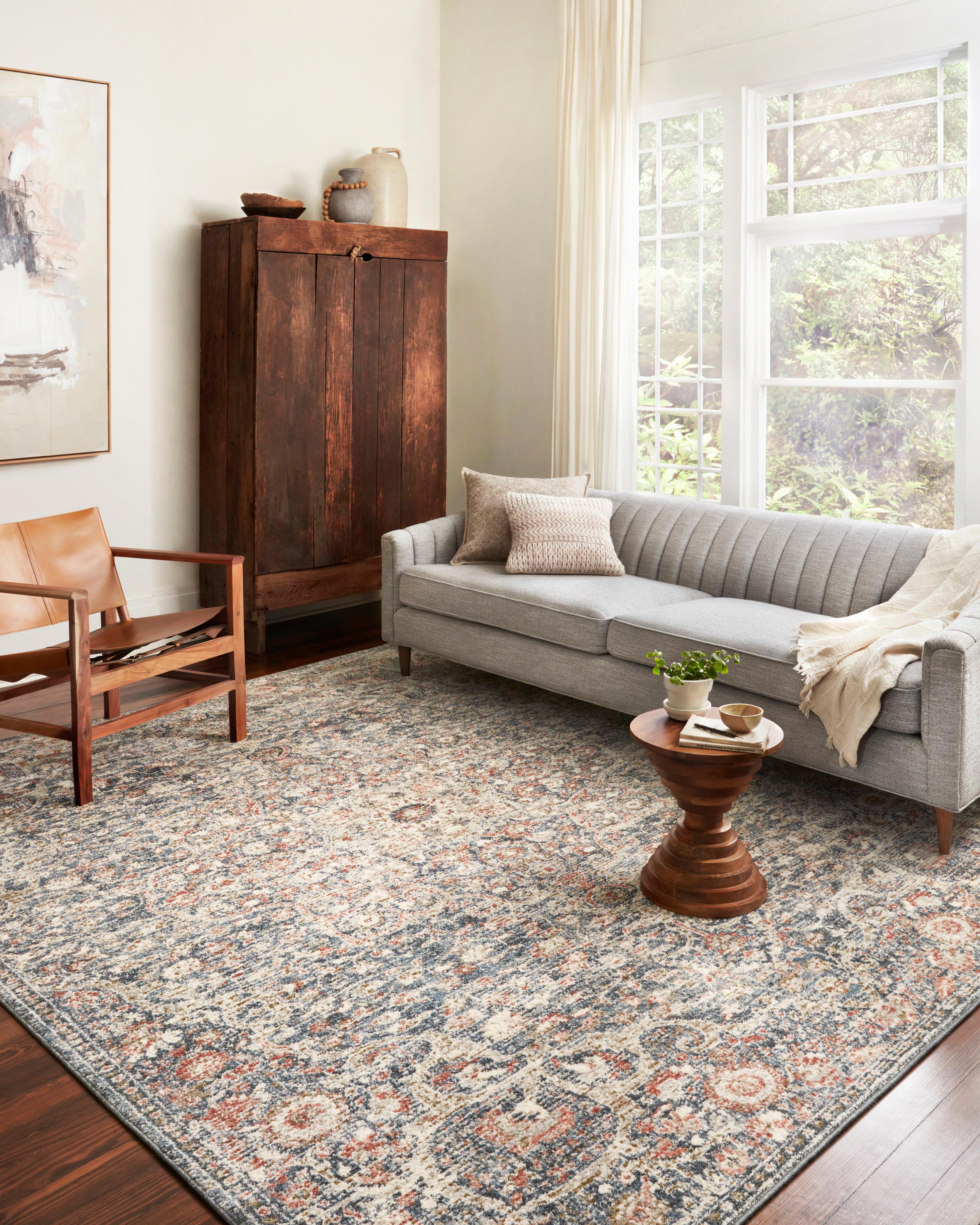 Saban SAB-02 blue and spice area rug featuring classic design, Turkish power-loomed polyester, durable and non-shedding