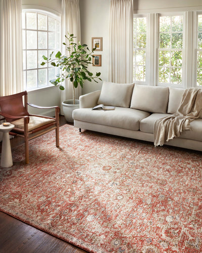 Saban SAB-02 rust and beige area rug with traditional motifs, Turkish power-loomed polyester, stain-resistant and non-shedding