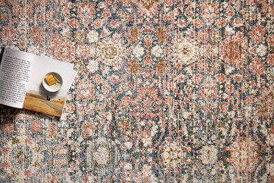 Saban SAB-03 navy and rust area rug with traditional pattern, Turkish power-loomed polyester, fade-resistant and non-shedding