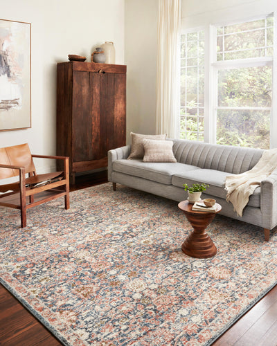 Saban SAB-03 navy and rust area rug with traditional pattern, Turkish power-loomed polyester, fade-resistant and non-shedding