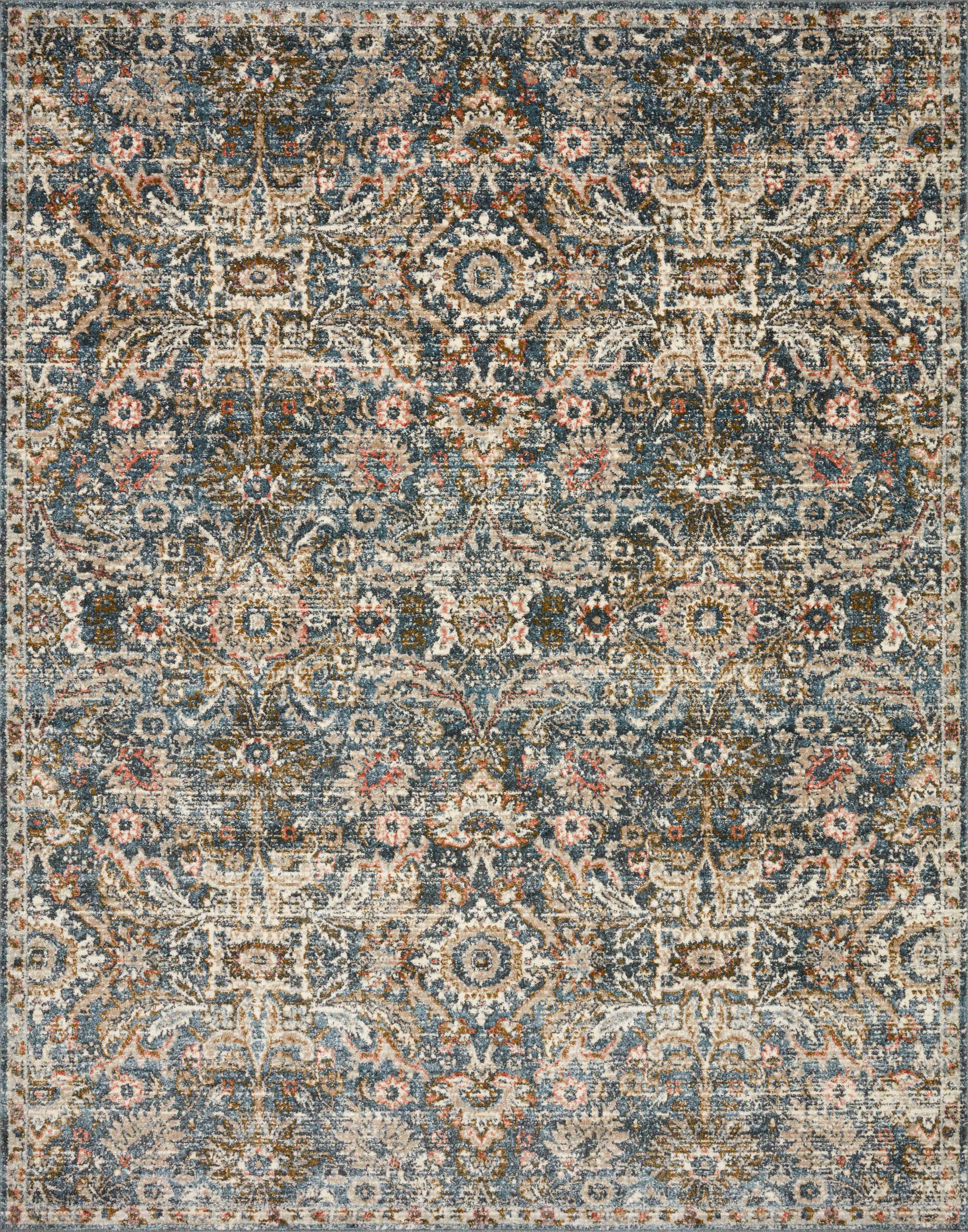 Saban SAB-04 blue and sand area rug with classic motifs, Turkish power-loomed polyester, stain-resistant and non-shedding