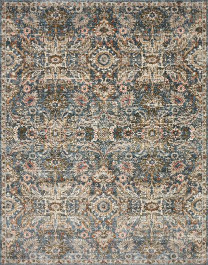 Saban SAB-04 blue and sand area rug with classic motifs, Turkish power-loomed polyester, stain-resistant and non-shedding