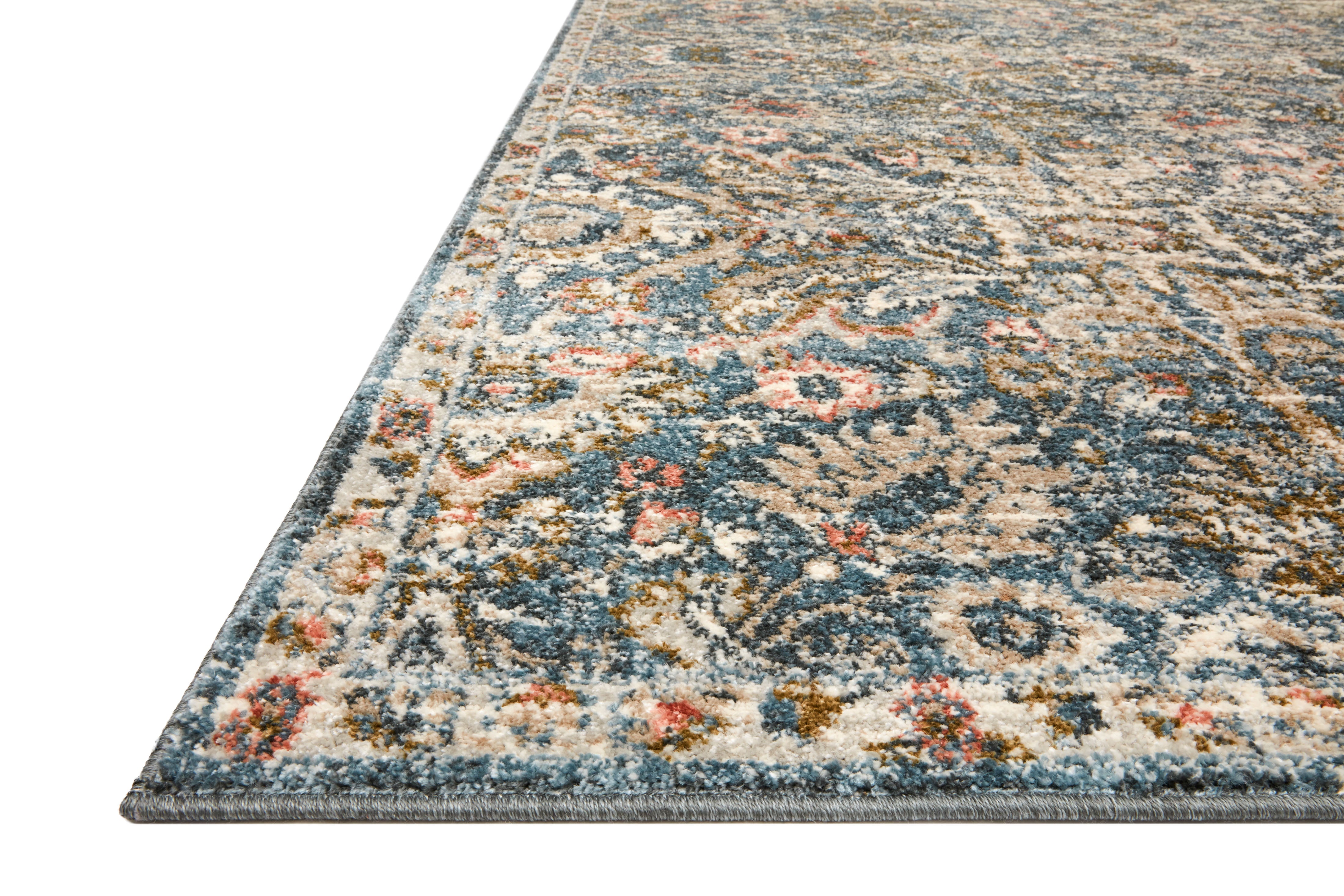 Saban SAB-04 blue and sand area rug with classic motifs, Turkish power-loomed polyester, stain-resistant and non-shedding