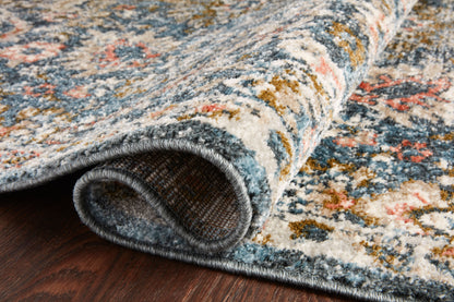 Saban SAB-04 blue and sand area rug with classic motifs, Turkish power-loomed polyester, stain-resistant and non-shedding
