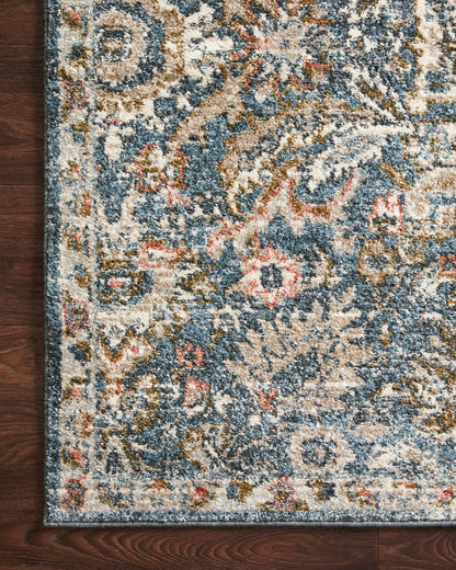 Saban SAB-04 blue and sand area rug with classic motifs, Turkish power-loomed polyester, stain-resistant and non-shedding