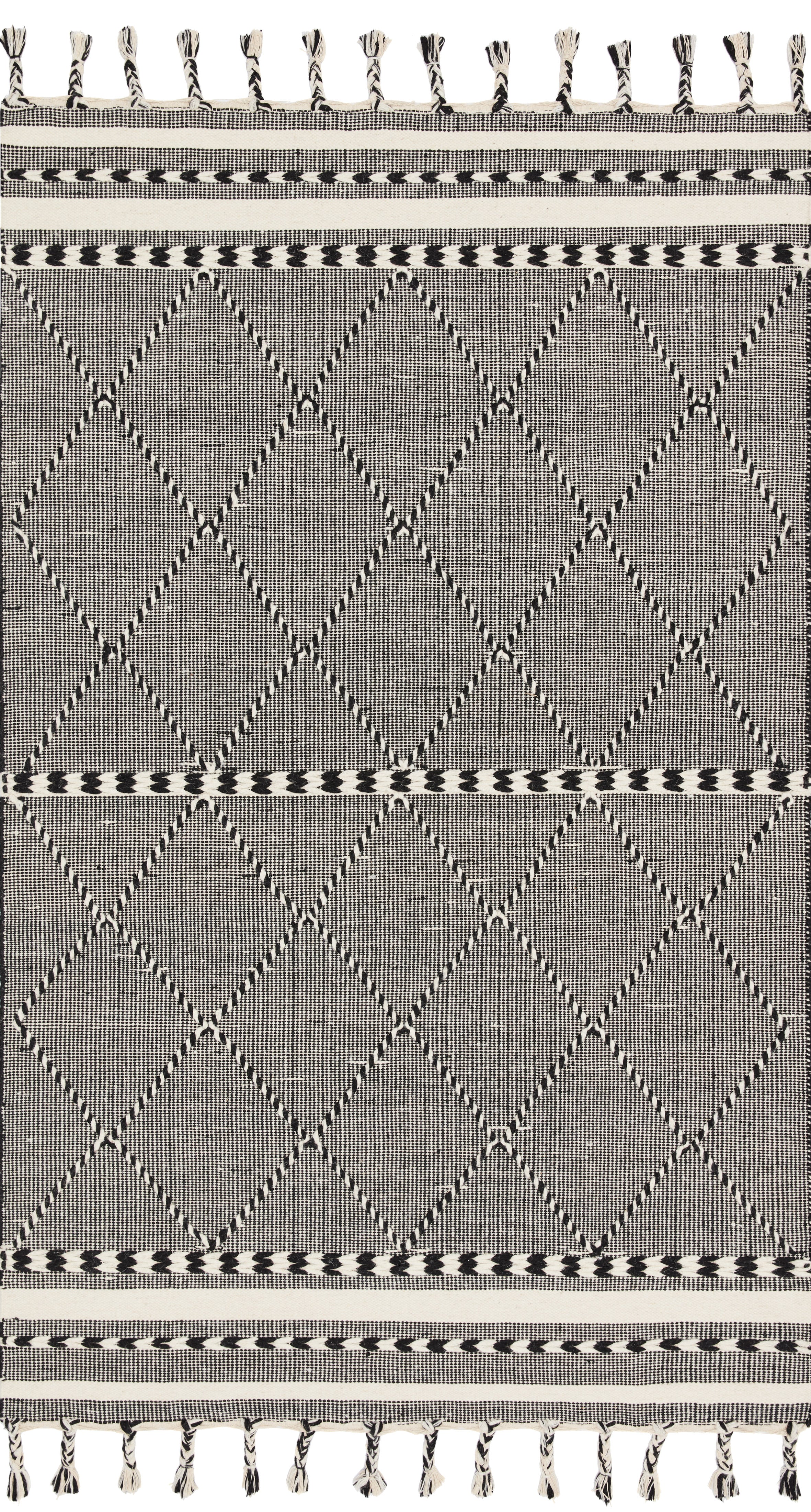 Sawyer SAW-01 Black Area Rug with bold graphic pattern and fringe