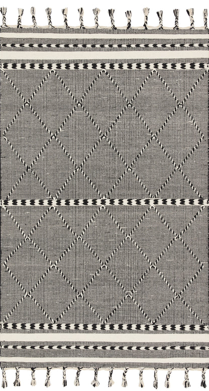 Sawyer SAW-01 Black Area Rug with bold graphic pattern and fringe
