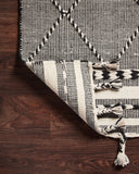 Sawyer SAW-01 Black Area Rug with bold graphic pattern and fringe